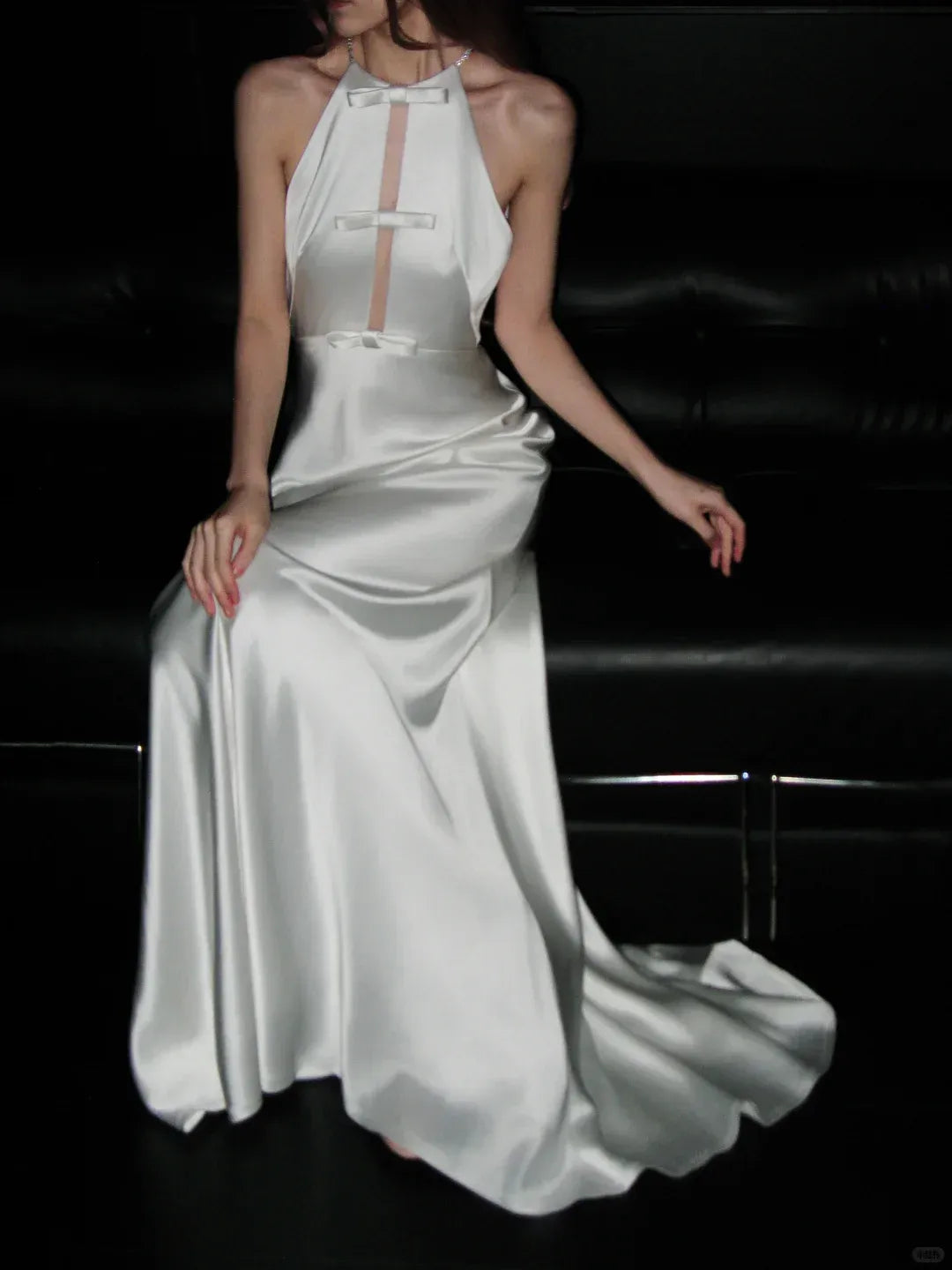 Sleek Sheath Halter Bow-Detail Ivory Satin Gown
