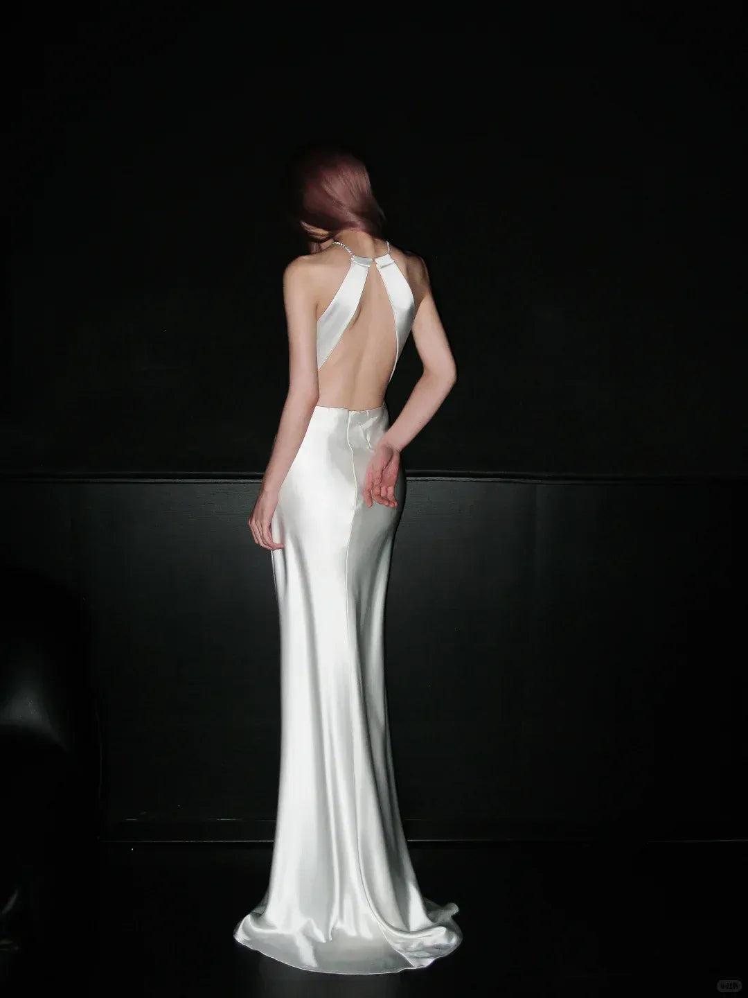 Sleek Sheath Halter Bow-Detail Ivory Satin Gown