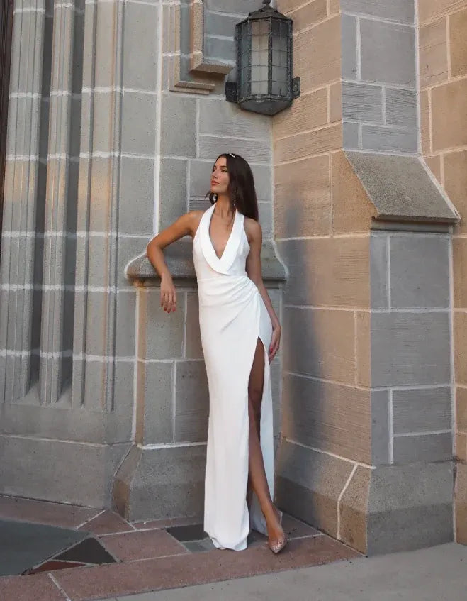 Sleek Sheath Halter Tuxedo Neck Ruched Side Ivory Crepe Gown