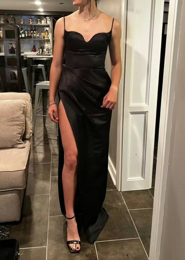 Sleek Sheath Spaghetti-Strap Thigh-High Slit Satin Gown
