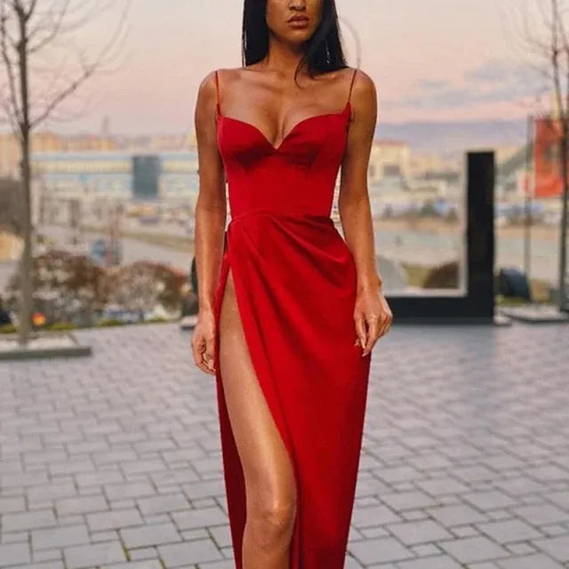 Sleek Sheath Spaghetti-Strap Thigh-High Slit Satin Gown