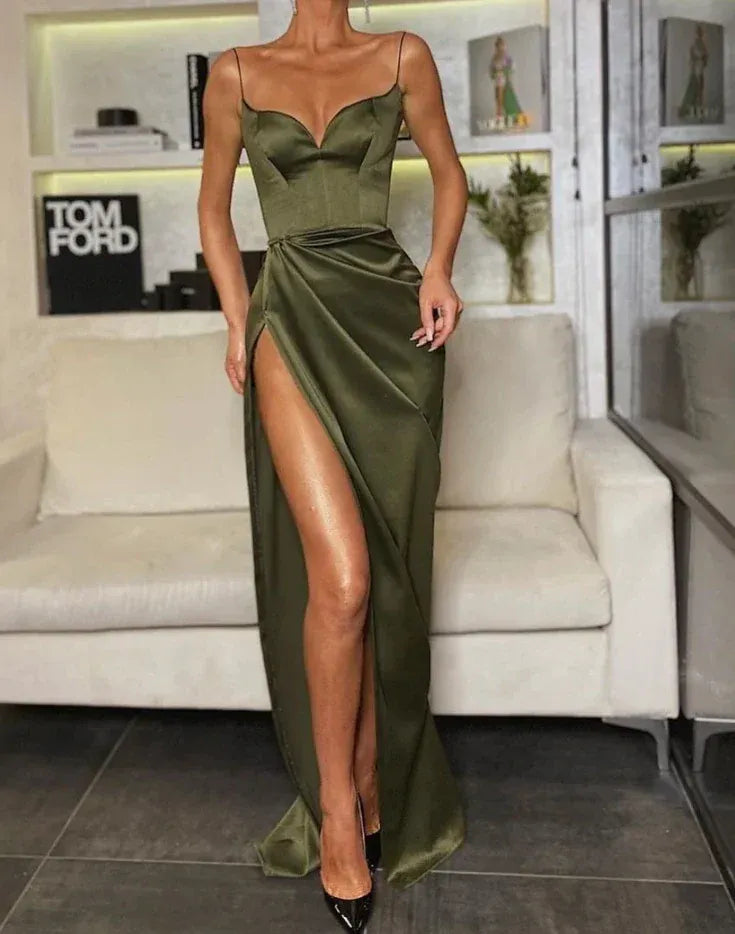 Sleek Sheath Spaghetti-Strap Thigh-High Slit Satin Gown