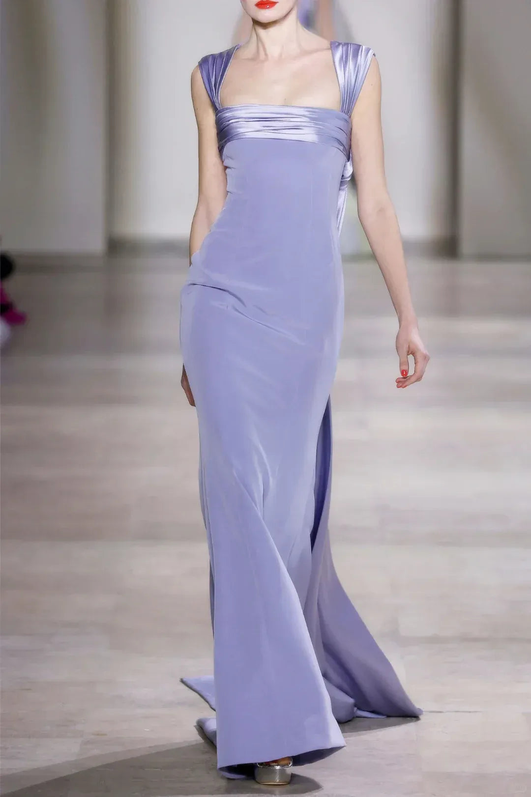 Sleek Sheath Square-Neck Ruched Lavender Satin Gown