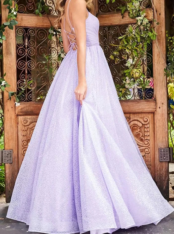 Sleeveless A Line Sequins Floor-Length Crisscross Back Prom Dresses