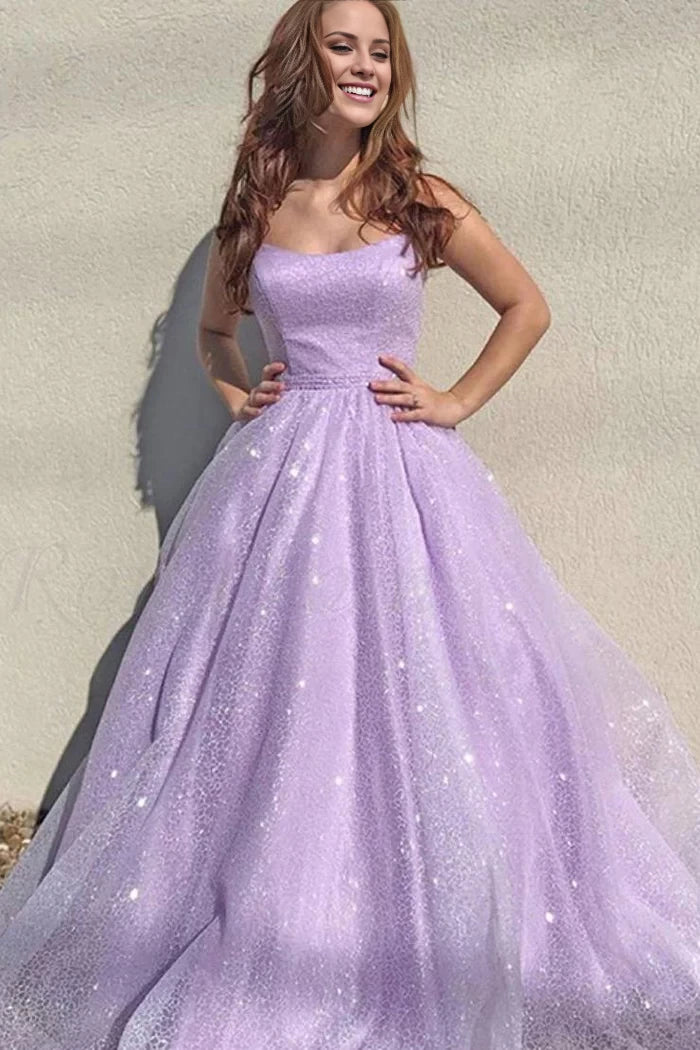 Sleeveless A Line Sequins Floor-Length Crisscross Back Prom Dresses