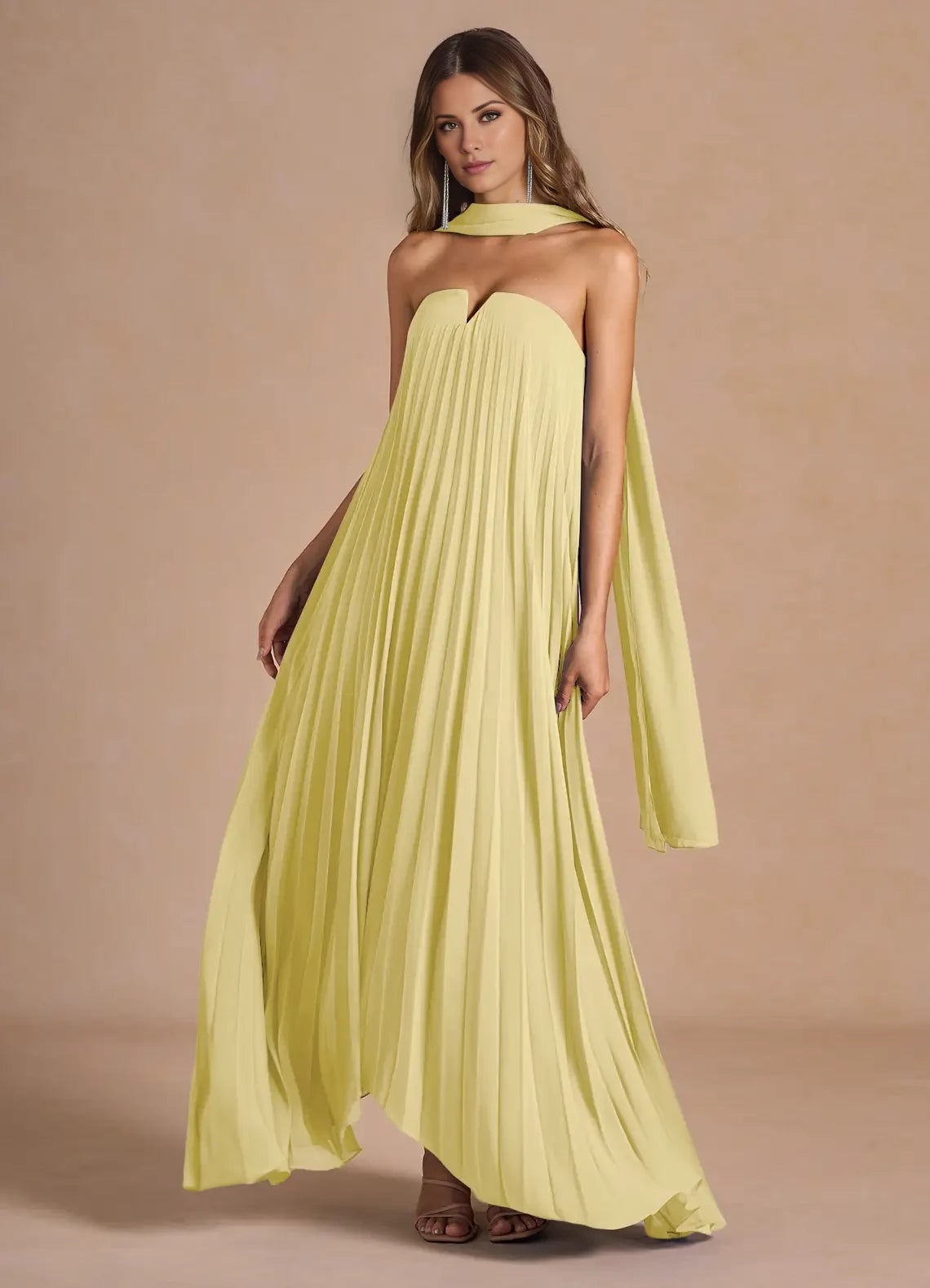 Sleeveless Allover Pleated Maxi Dress Evening Dresses