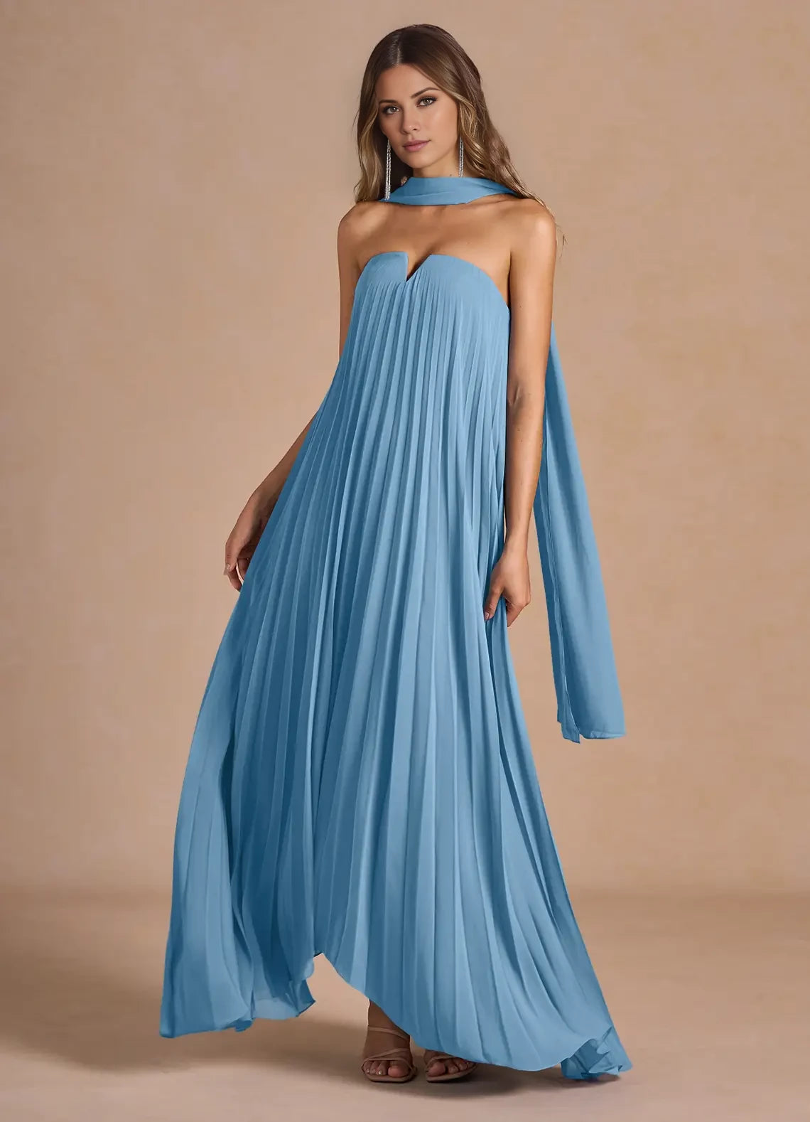Sleeveless Allover Pleated Maxi Dress Evening Dresses