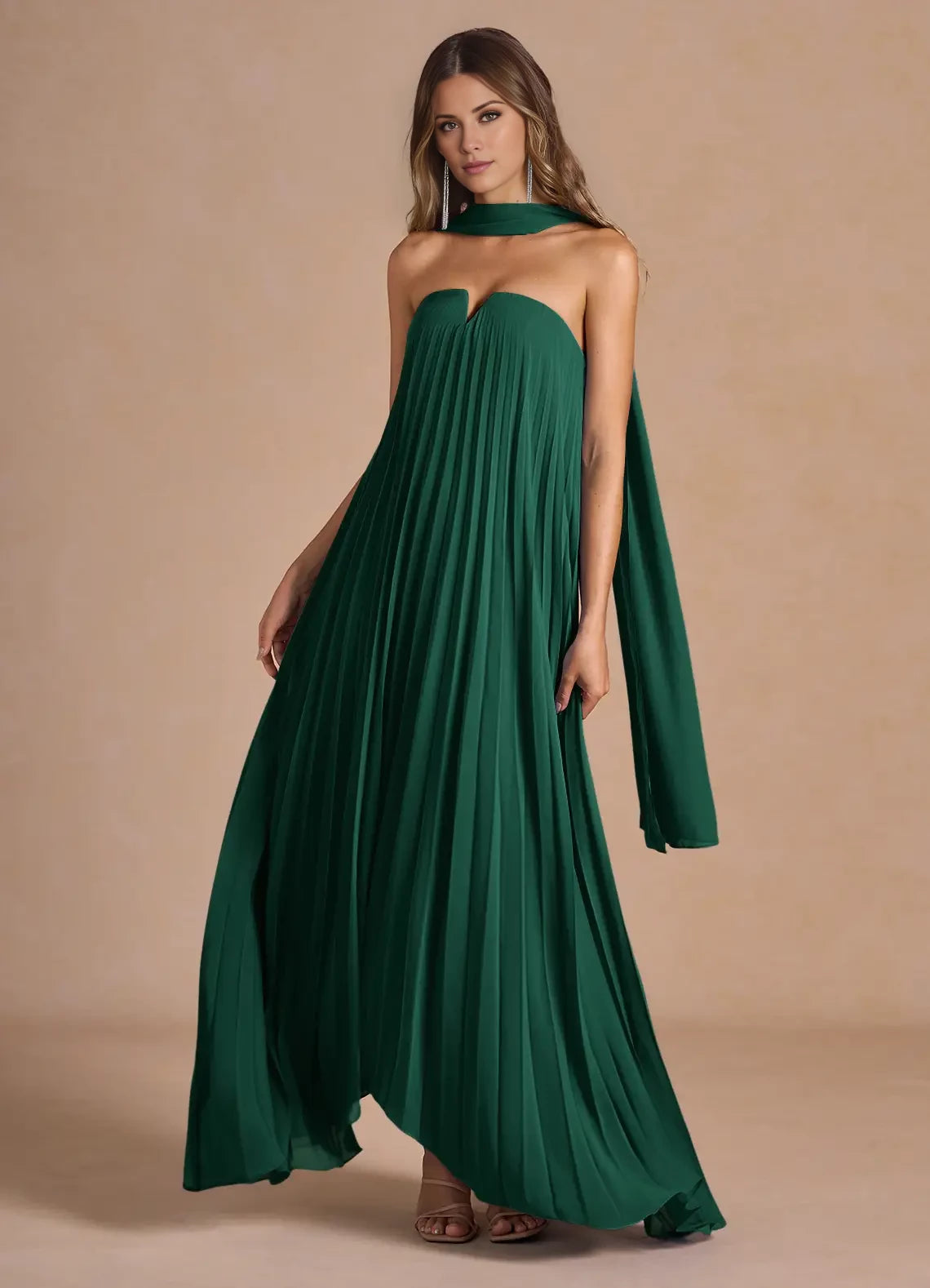 Sleeveless Allover Pleated Maxi Dress Evening Dresses