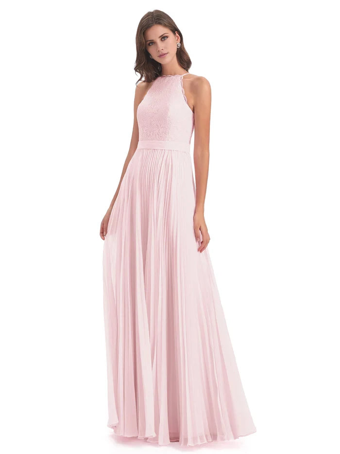 Sleeveless Floor Length Halter Lace Bridesmaid Dresses