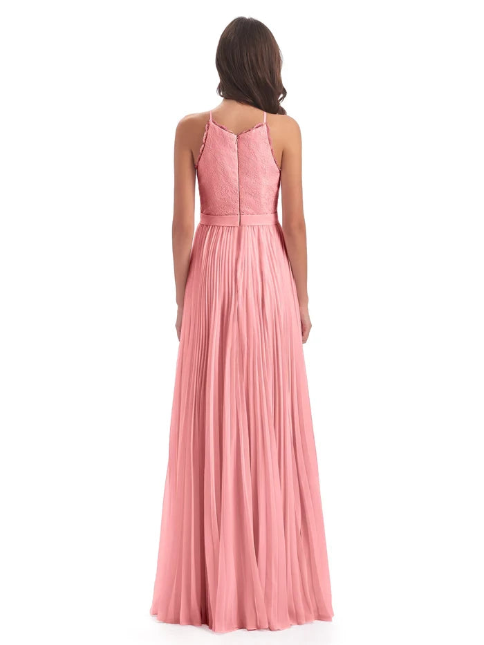 Sleeveless Floor Length Halter Lace Bridesmaid Dresses
