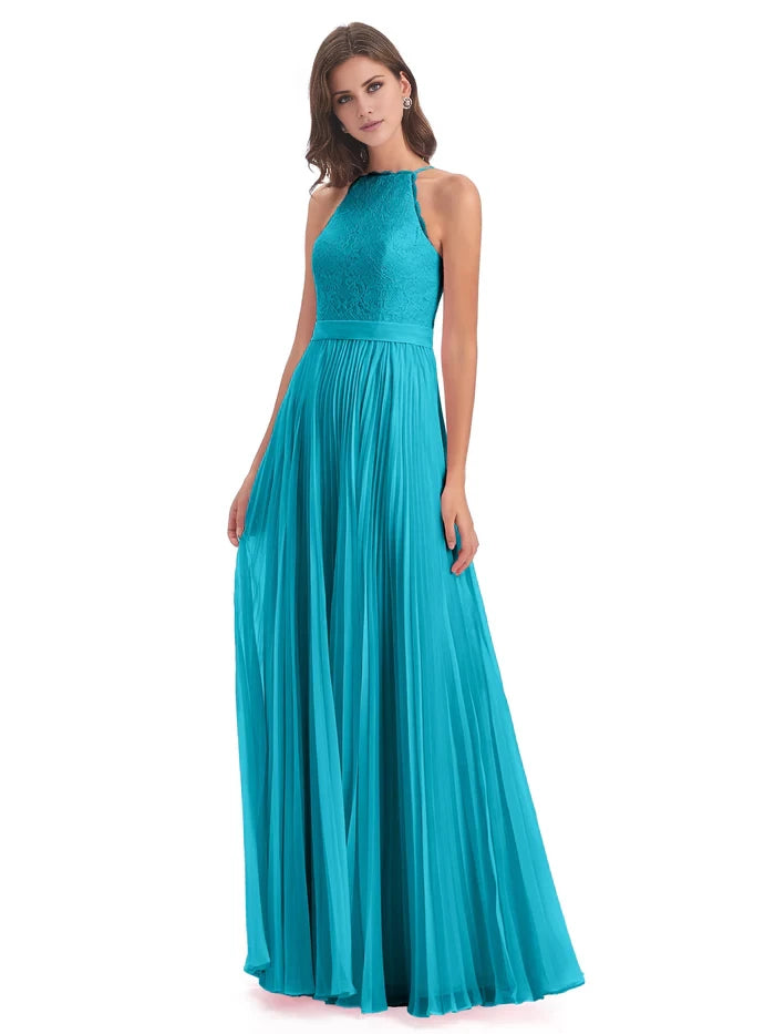 Sleeveless Floor Length Halter Lace Bridesmaid Dresses