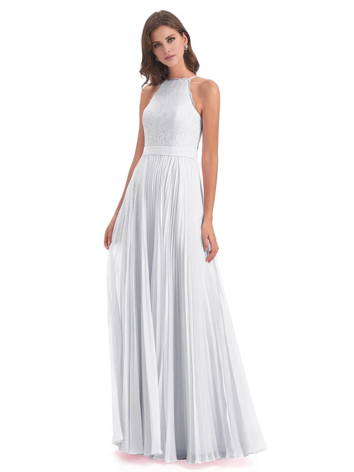 Sleeveless Floor Length Halter Lace Bridesmaid Dresses