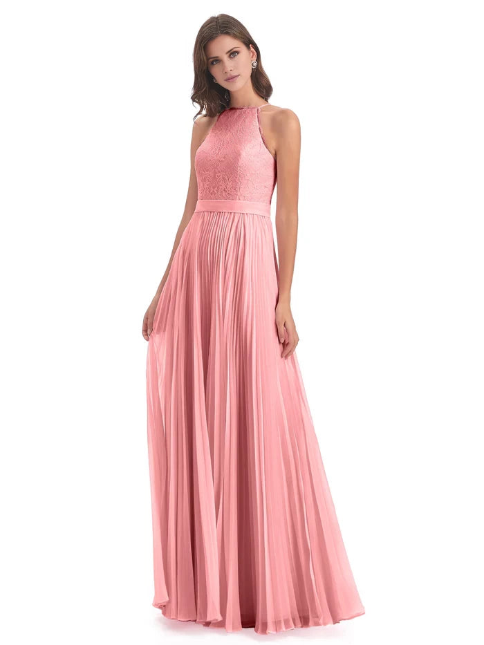 Sleeveless Floor Length Halter Lace Bridesmaid Dresses