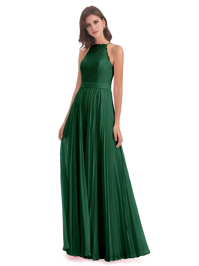 Sleeveless Floor Length Halter Lace Bridesmaid Dresses
