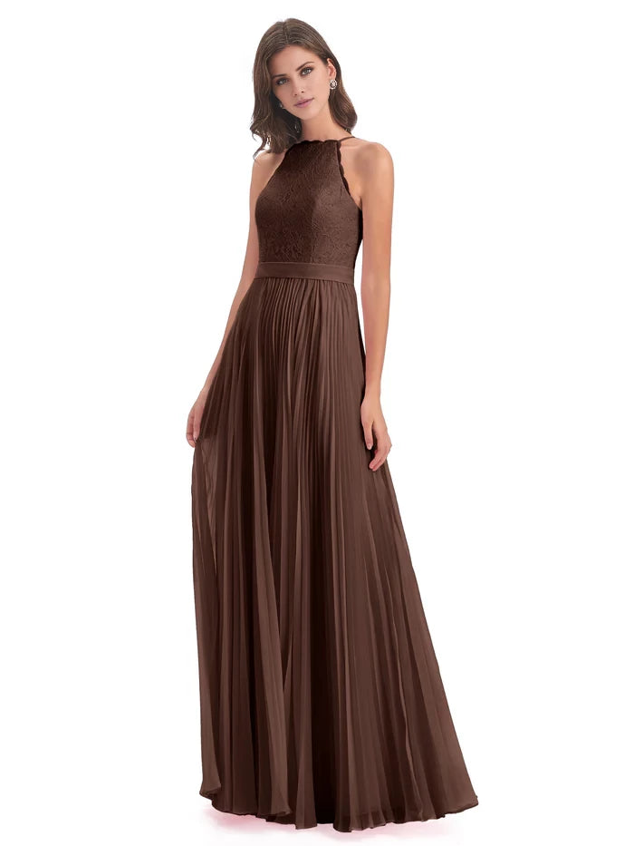 Sleeveless Floor Length Halter Lace Bridesmaid Dresses