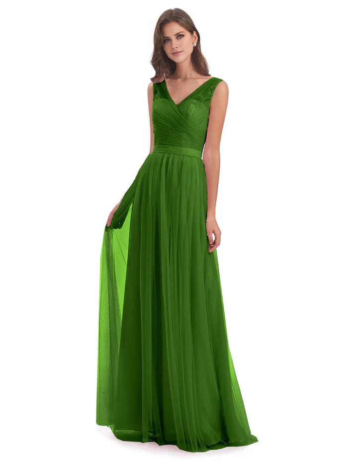 Sleeveless Floor Length V-Neck Tulle Bridesmaid Dresses