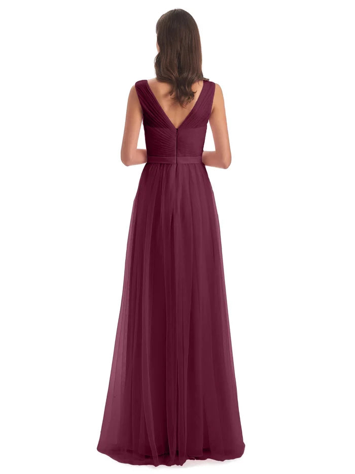 Sleeveless Floor Length V-Neck Tulle Bridesmaid Dresses