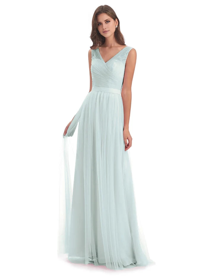 Sleeveless Floor Length V-Neck Tulle Bridesmaid Dresses
