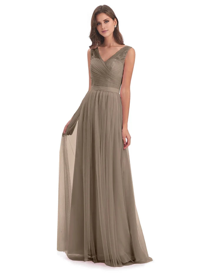 Sleeveless Floor Length V-Neck Tulle Bridesmaid Dresses