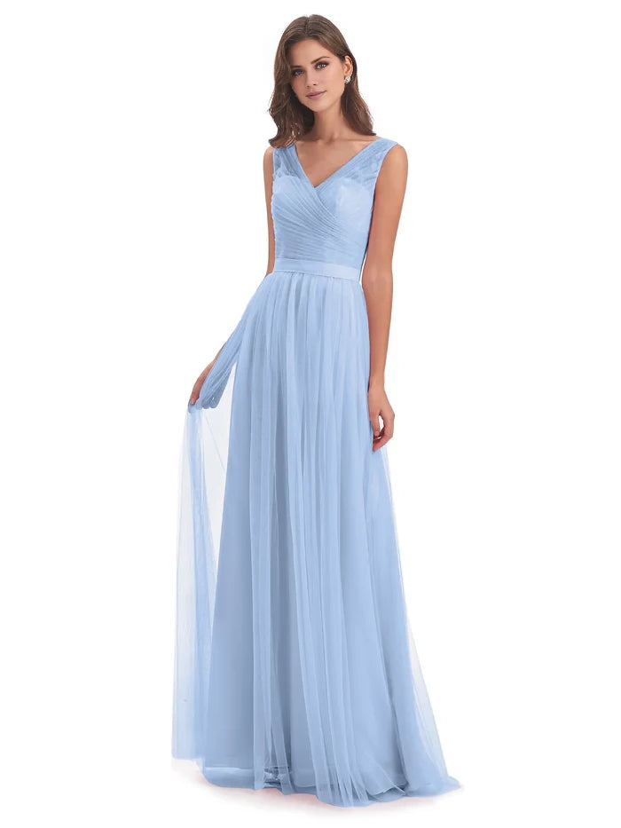 Sleeveless Floor Length V-Neck Tulle Bridesmaid Dresses
