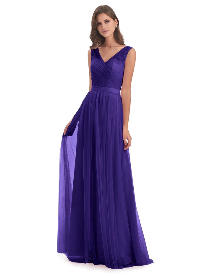Sleeveless Floor Length V-Neck Tulle Bridesmaid Dresses