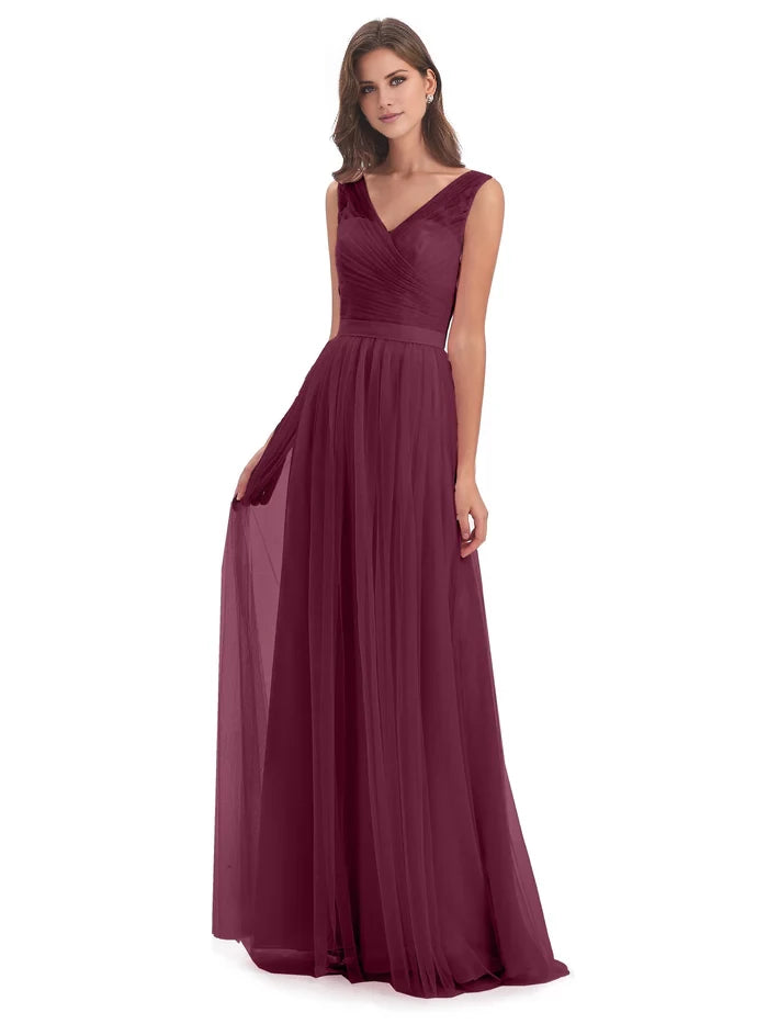 Sleeveless Floor Length V-Neck Tulle Bridesmaid Dresses