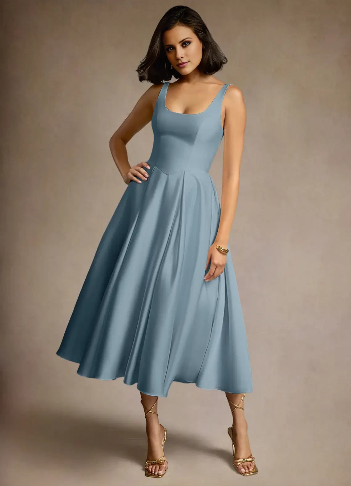 Sleeveless Satin Pleated Midi Dress Evening Dresses