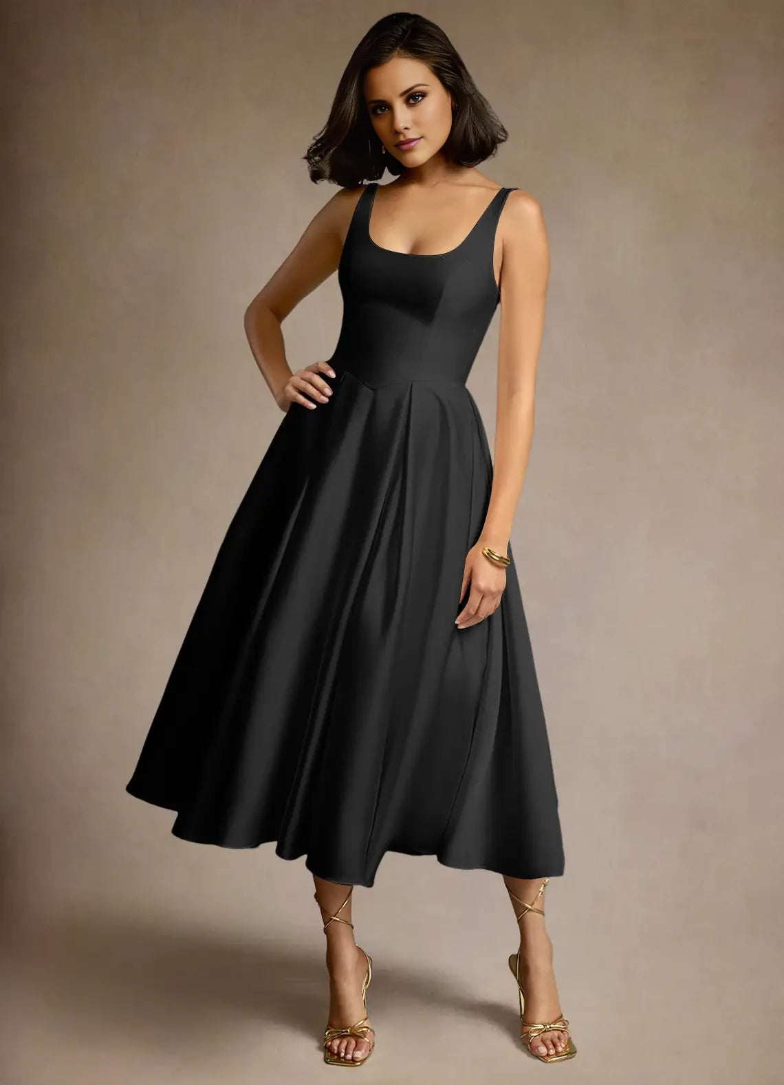 Sleeveless Satin Pleated Midi Dress Evening Dresses