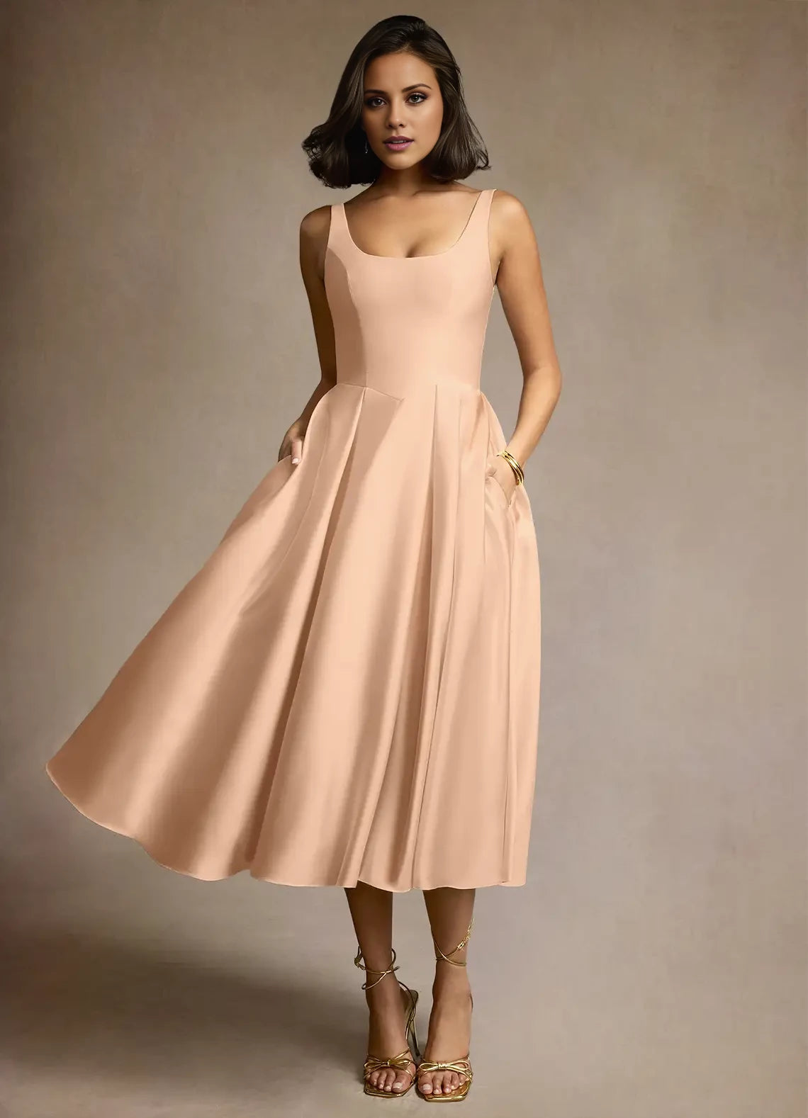 Sleeveless Satin Pleated Midi Dress Evening Dresses