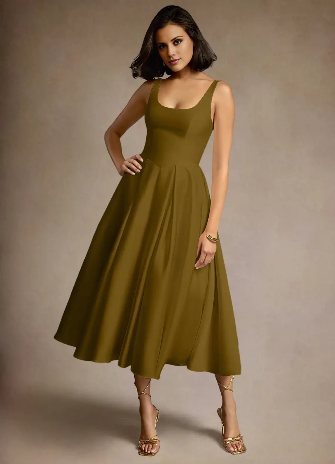 Sleeveless Satin Pleated Midi Dress Evening Dresses