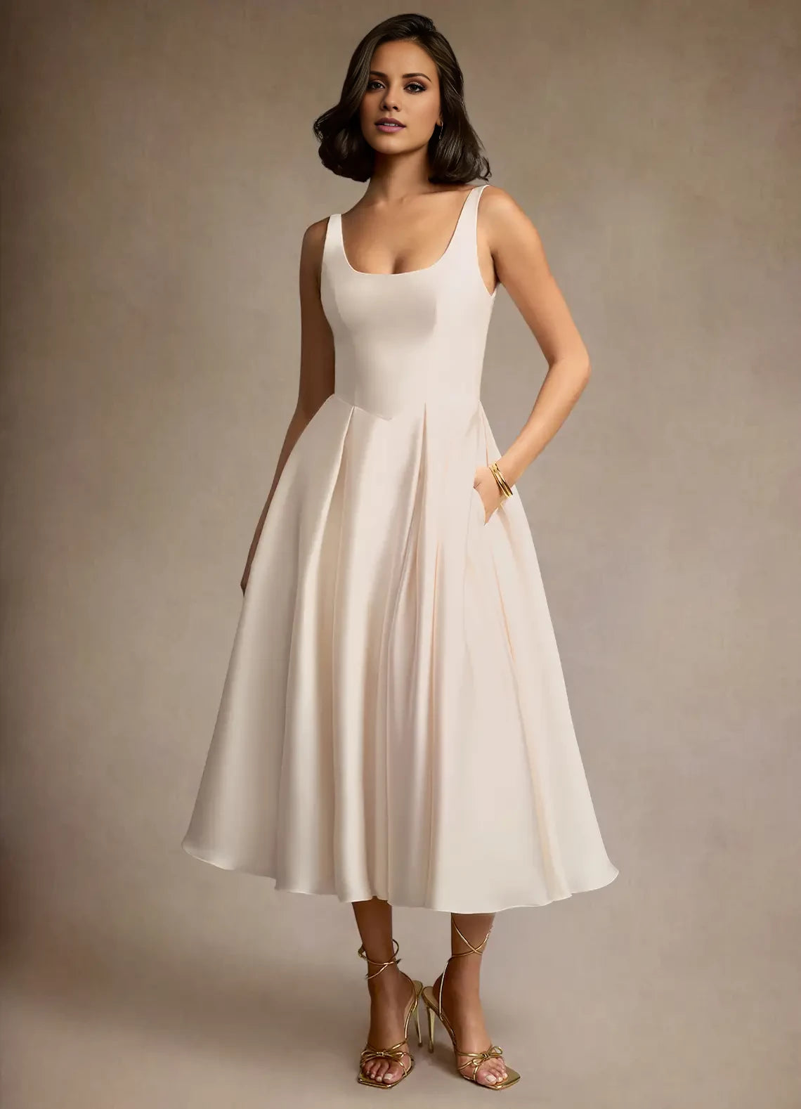 Sleeveless Satin Pleated Midi Dress Evening Dresses