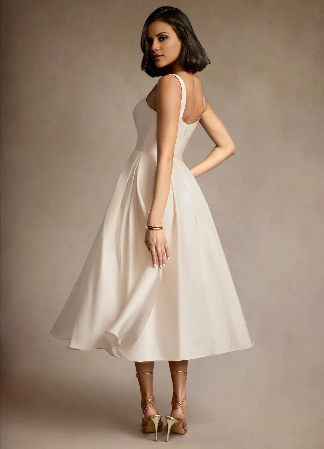 Sleeveless Satin Pleated Midi Dress Evening Dresses