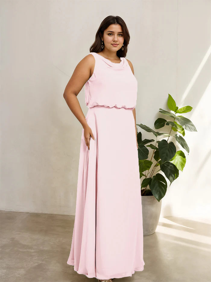 Plus Size Soft A-Line Cowl-Neck Sleeveless V-Back Floor-Length Plus-Size Bridesmaid Dresses