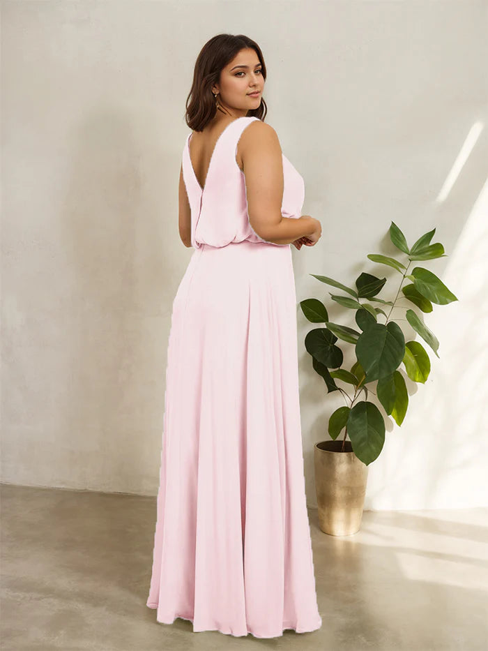 Plus Size Soft A-Line Cowl-Neck Sleeveless V-Back Floor-Length Plus-Size Bridesmaid Dresses