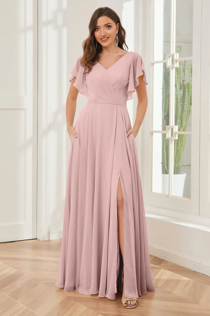 Soft A-Line Deep V-Neck Flutter-Sleeve Open-Back Blush Chiffon Floor-Length Bridesmaid Dresses