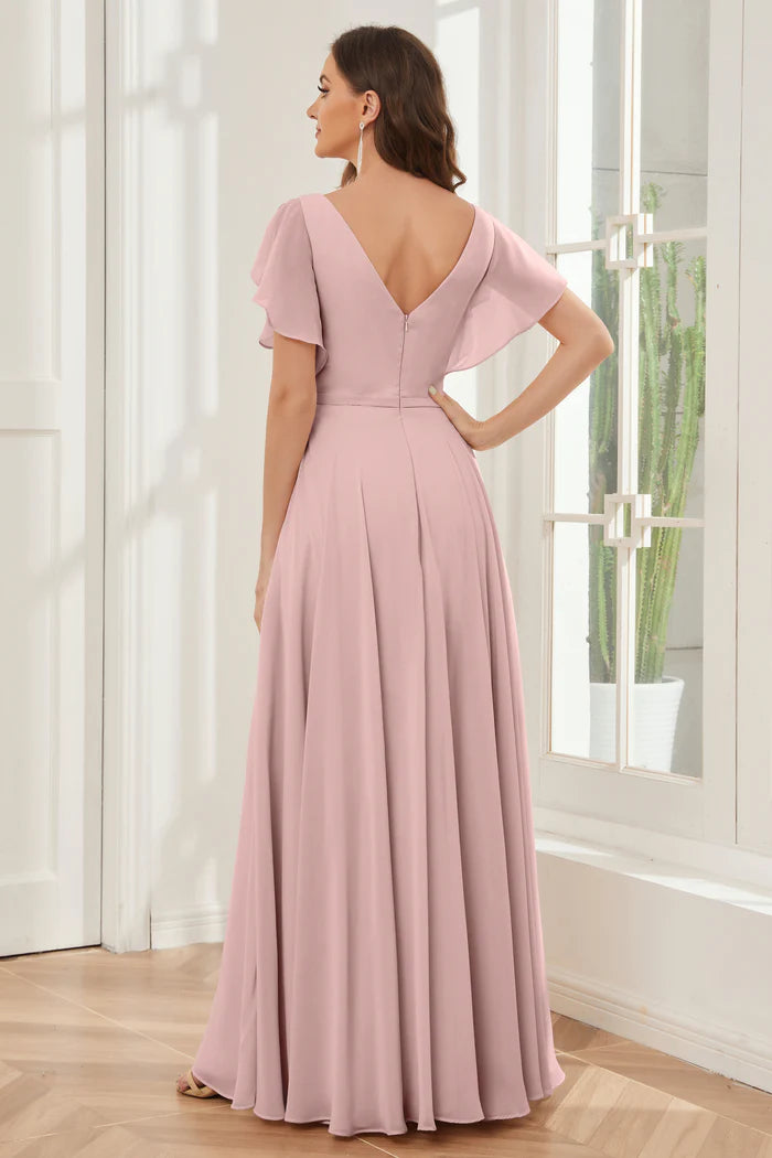 Soft A-Line Deep V-Neck Flutter-Sleeve Open-Back Blush Chiffon Floor-Length Bridesmaid Dresses