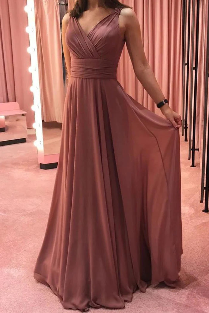 Soft A-Line Deep V-Neck Sleeveless Open-Back Dusty Rose Chiffon Train-Floor-Length Bridesmaid Dresses