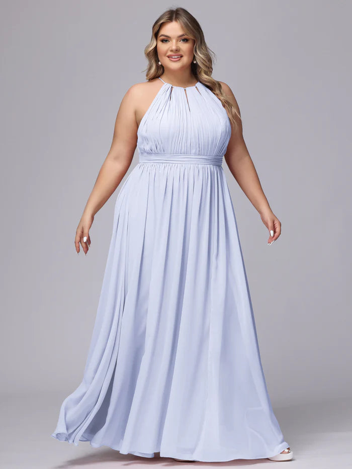 Plus Size Soft A-Line Halter-Neck Sleeveless Tie-Back Baby Blue Chiffon Floor-Length Bridesmaid Dresses