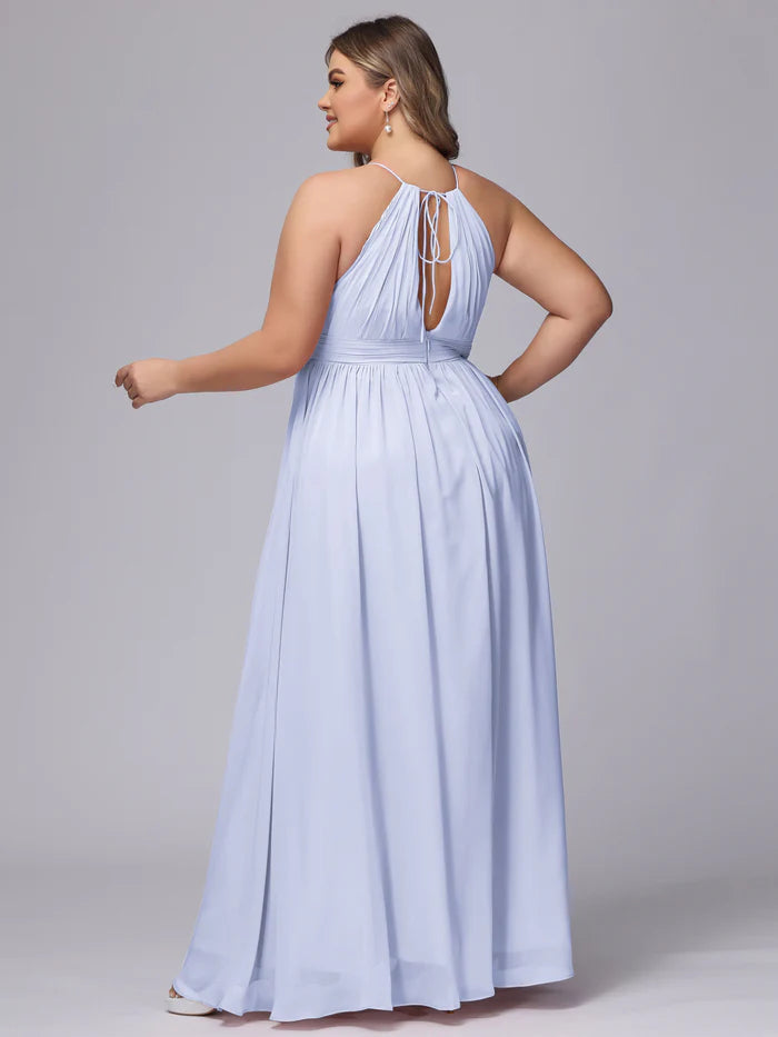 Plus Size Soft A-Line Halter-Neck Sleeveless Tie-Back Baby Blue Chiffon Floor-Length Bridesmaid Dresses