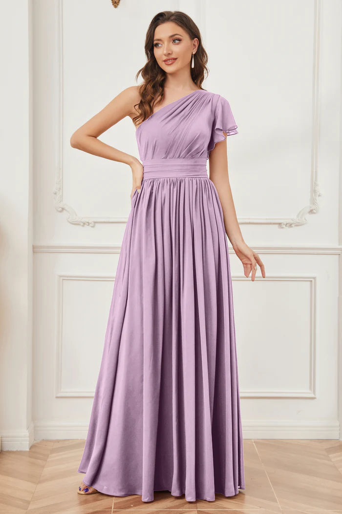 Soft A-Line One-Shoulder Ruffle Open-Back Lavender Chiffon Floor-Length Bridesmaid Dresses