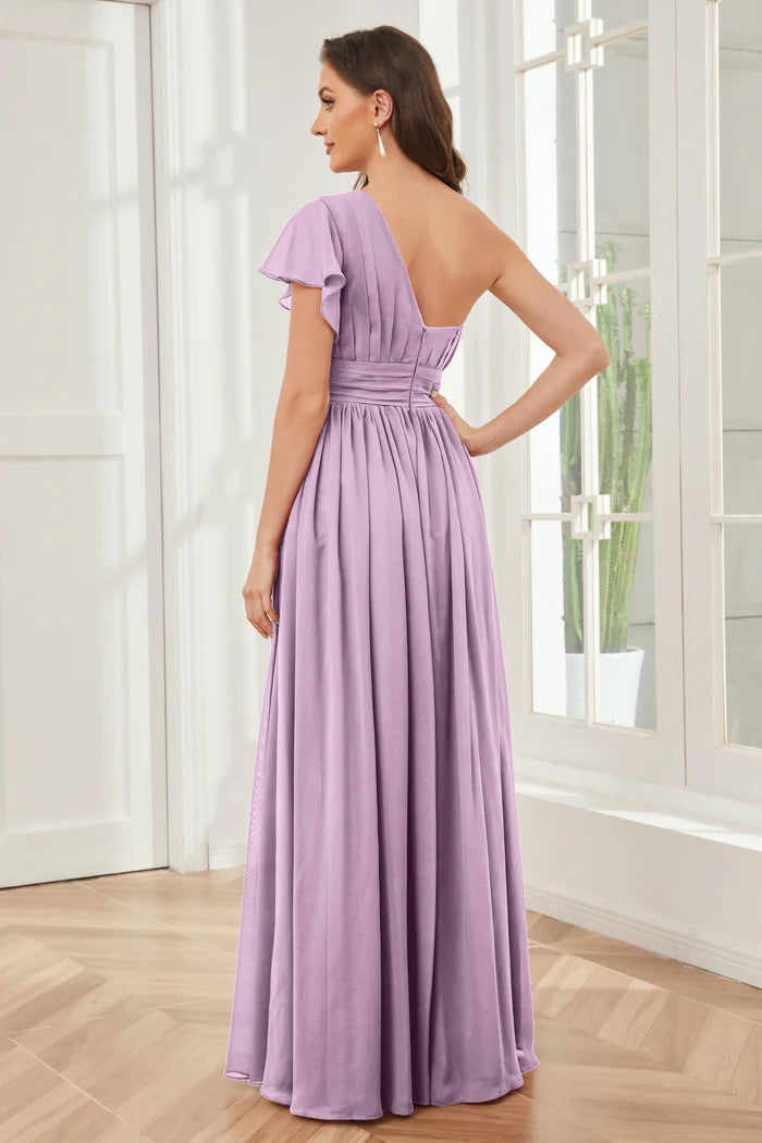 Soft A-Line One-Shoulder Ruffle Open-Back Lavender Chiffon Floor-Length Bridesmaid Dresses