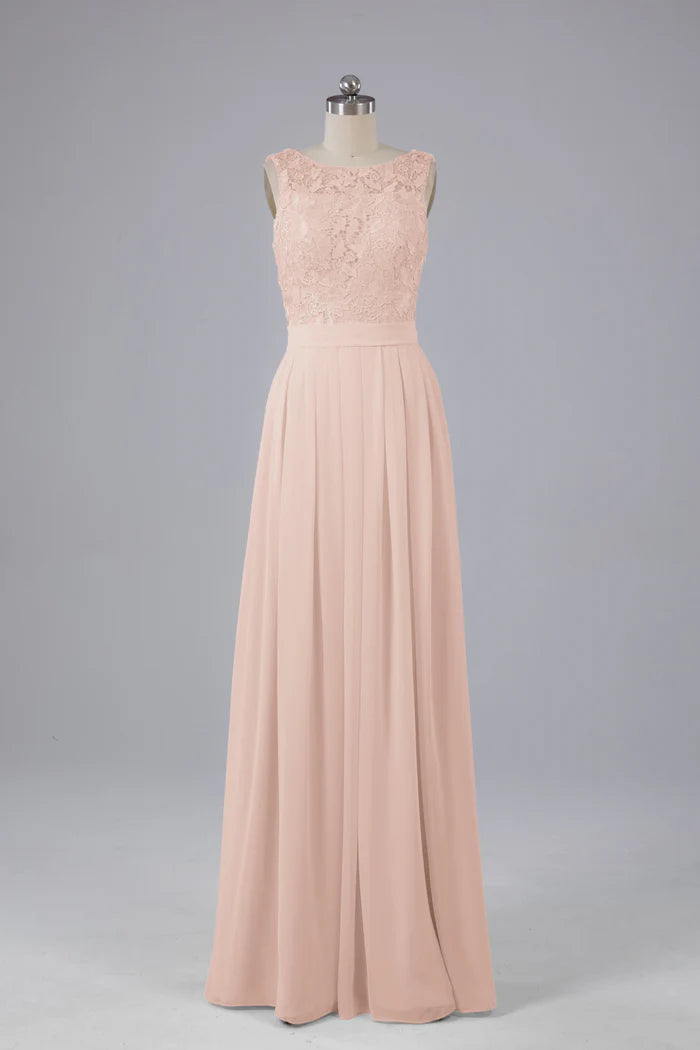 Soft A-Line Scoop-Neck Lace Sleeveless V-Back Floor-Length Bridesmaid Dresses