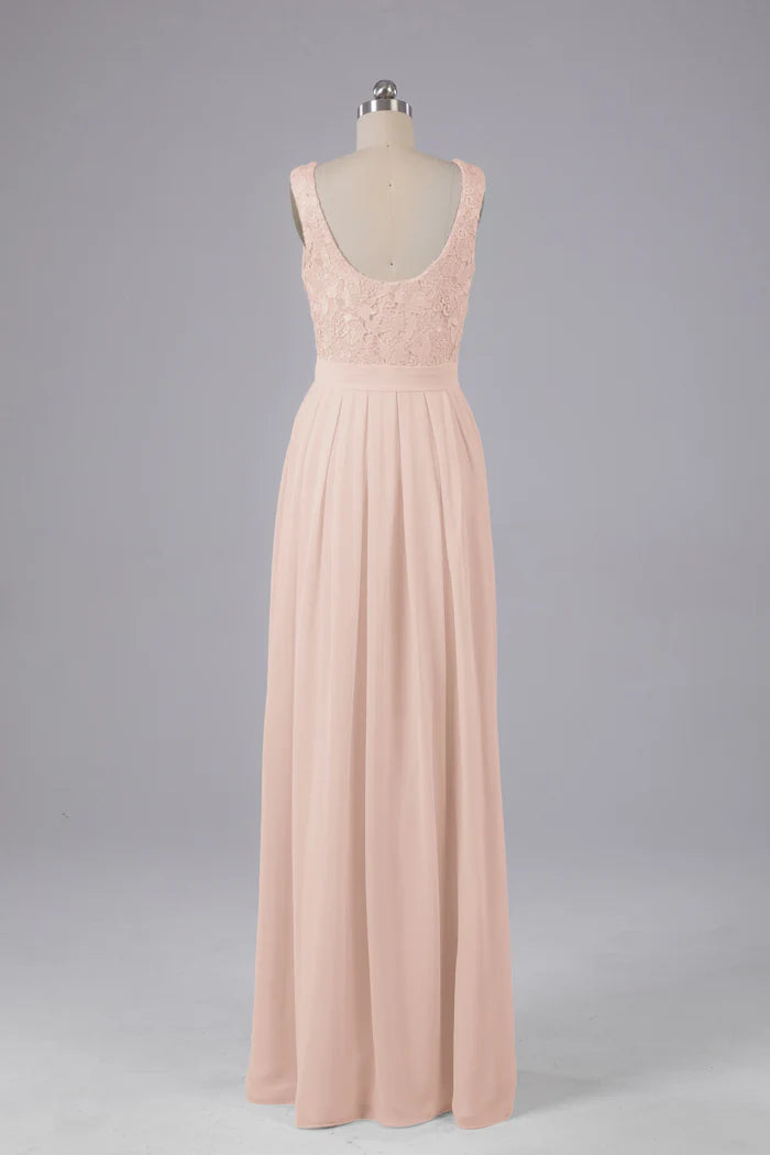 Soft A-Line Scoop-Neck Lace Sleeveless V-Back Floor-Length Bridesmaid Dresses