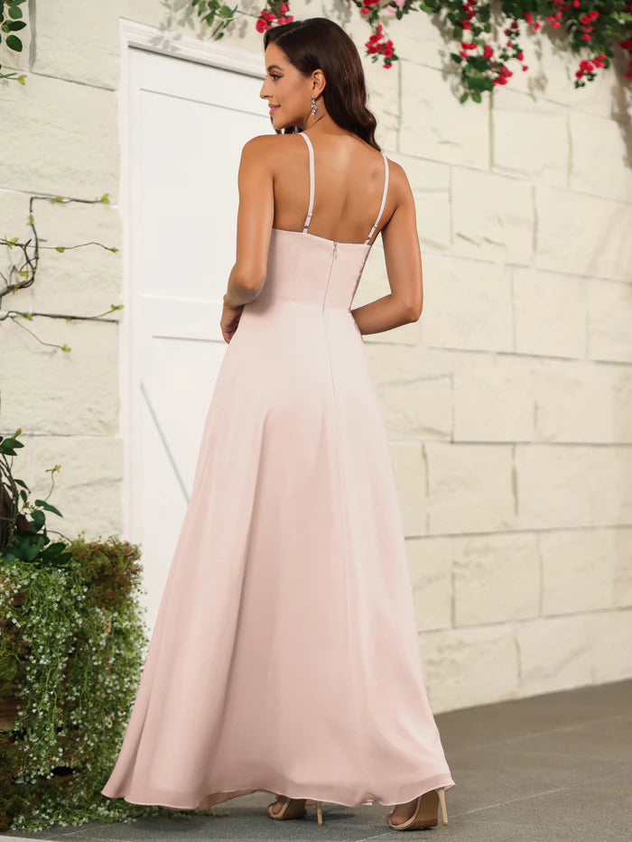 Soft A-Line Square-Neck Spaghetti-Strap Zipper-Back Ruffle-Slit Floor-Length Bridesmaid Dresses