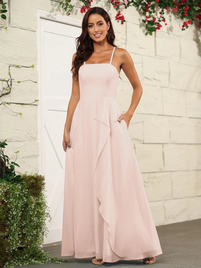 Soft A-Line Square-Neck Spaghetti-Strap Zipper-Back Ruffle-Slit Floor-Length Bridesmaid Dresses