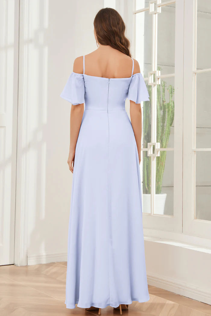 Soft A-Line Sweetheart Cold-Shoulder Open-Back Periwinkle Chiffon Floor-Length Bridesmaid Dresses