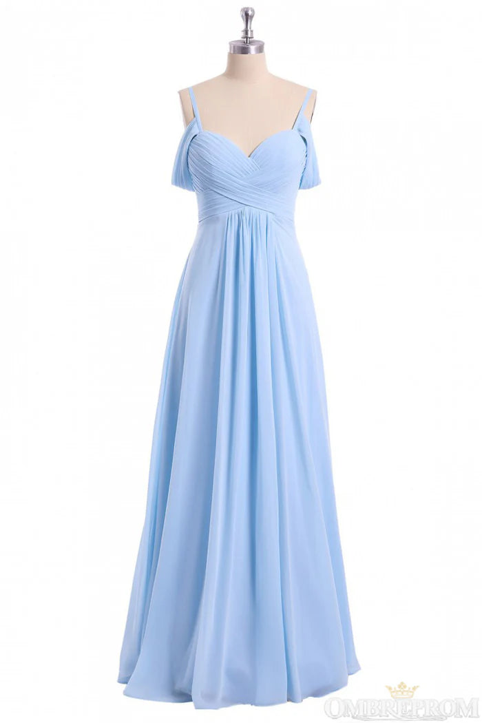 Soft A-Line Sweetheart Cold-Shoulder Open-Back Sky Blue Chiffon Floor-Length Bridesmaid Dresses