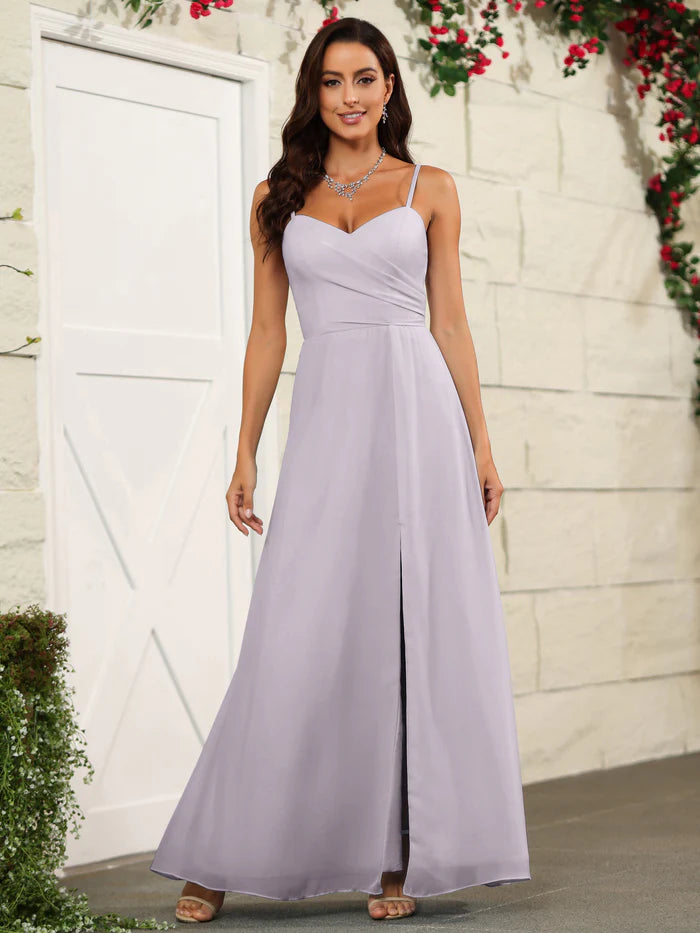 Soft A-Line Sweetheart Spaghetti-Strap Open-Back High-Slit Floor-Length Bridesmaid Dresses
