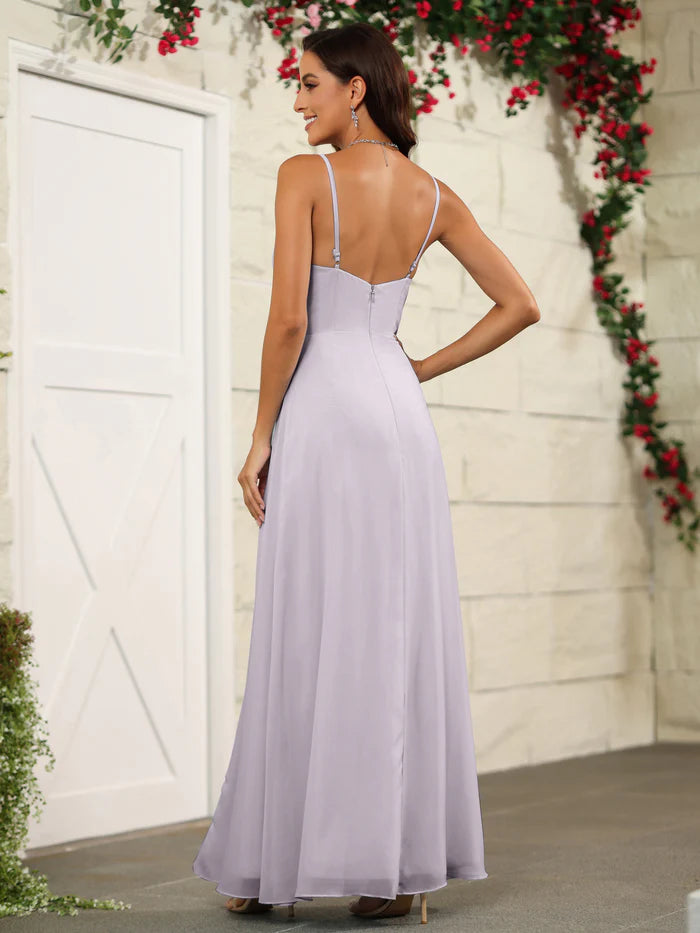 Soft A-Line Sweetheart Spaghetti-Strap Open-Back High-Slit Floor-Length Bridesmaid Dresses