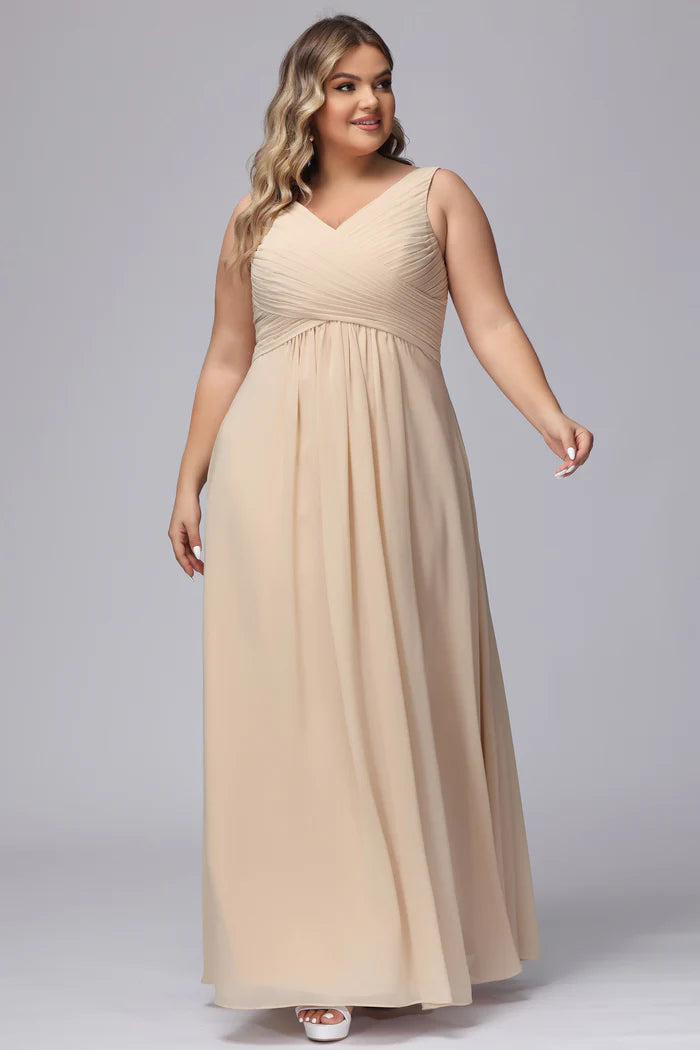 Plus Size Soft A-Line V-Neck Sleeveless Deep-V-Back Champagne Chiffon Floor-Length Bridesmaid Dresses